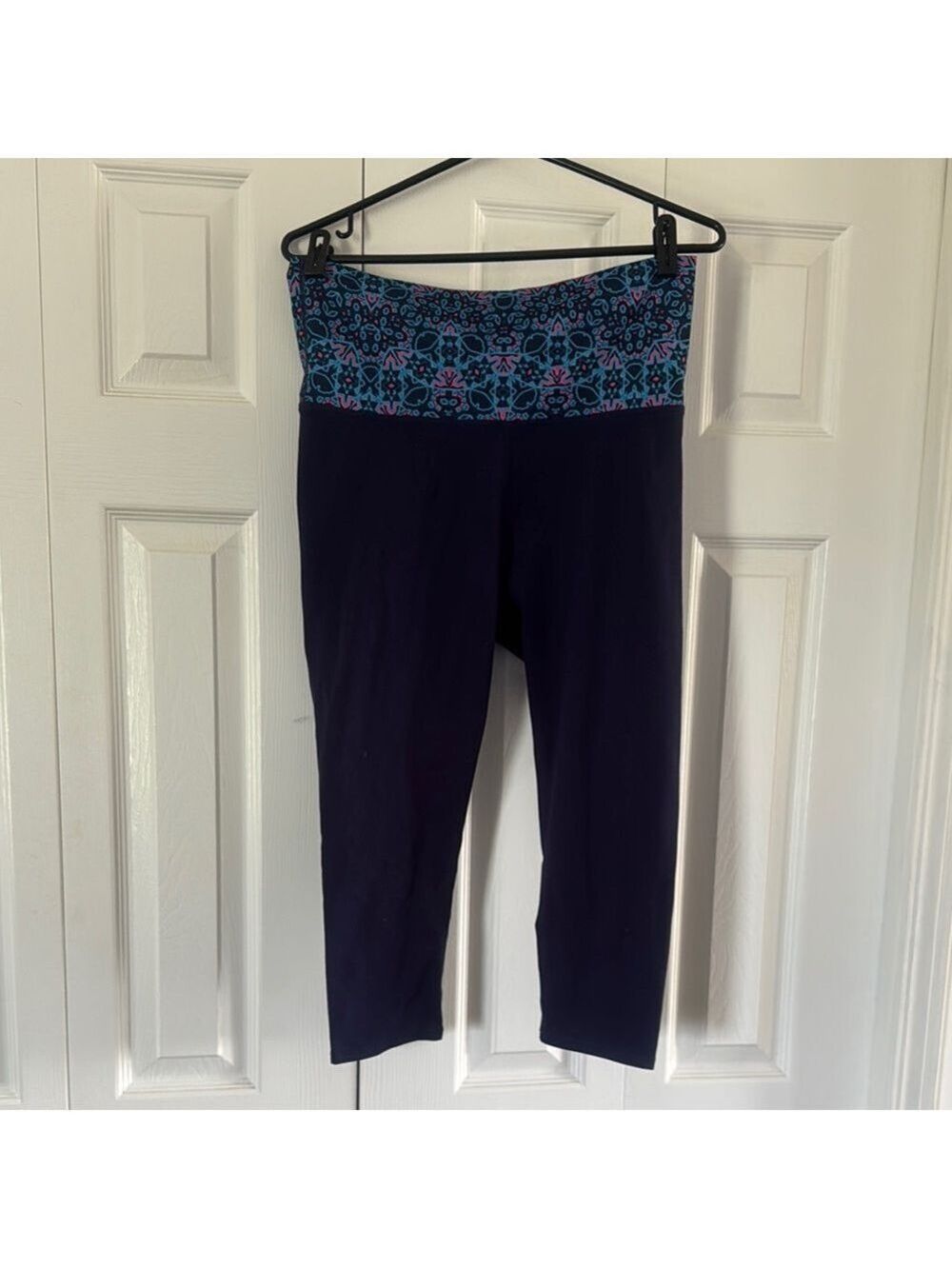 Fabletics Navy Leggings with Teal Patterned Waistband